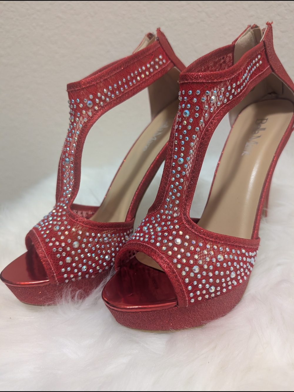Red Rhinestone T-Strap Platform Heels - Picture 4 of 8